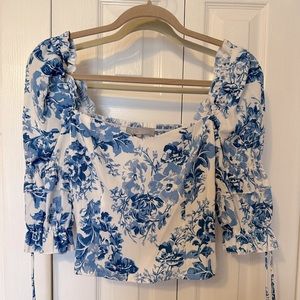 Reformation STYLE blue floral puff sleeve crop blouse top size Small